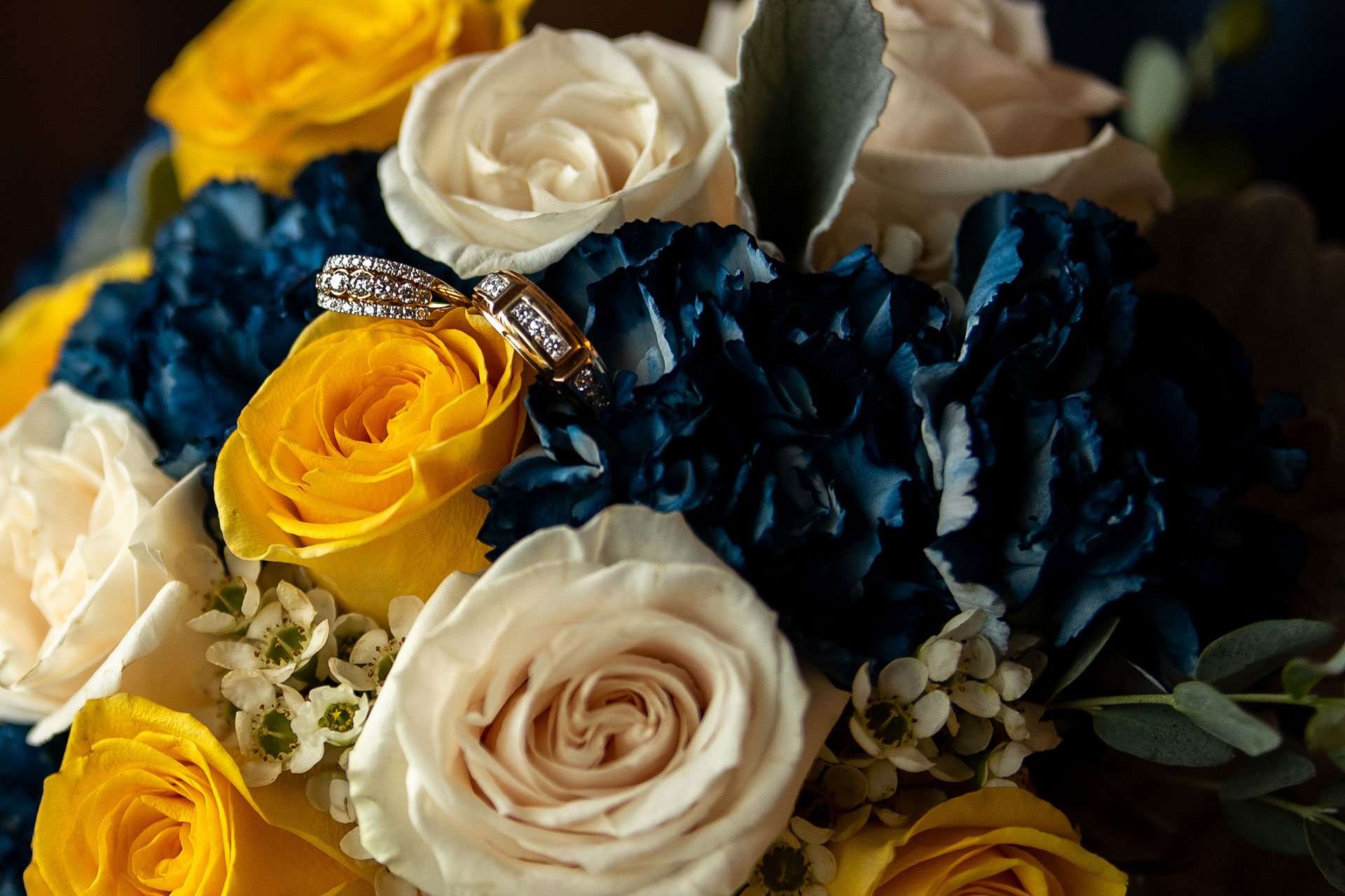 Two wedding rings resting on a bouquet of yellow and cream roses with deep blue carnations
