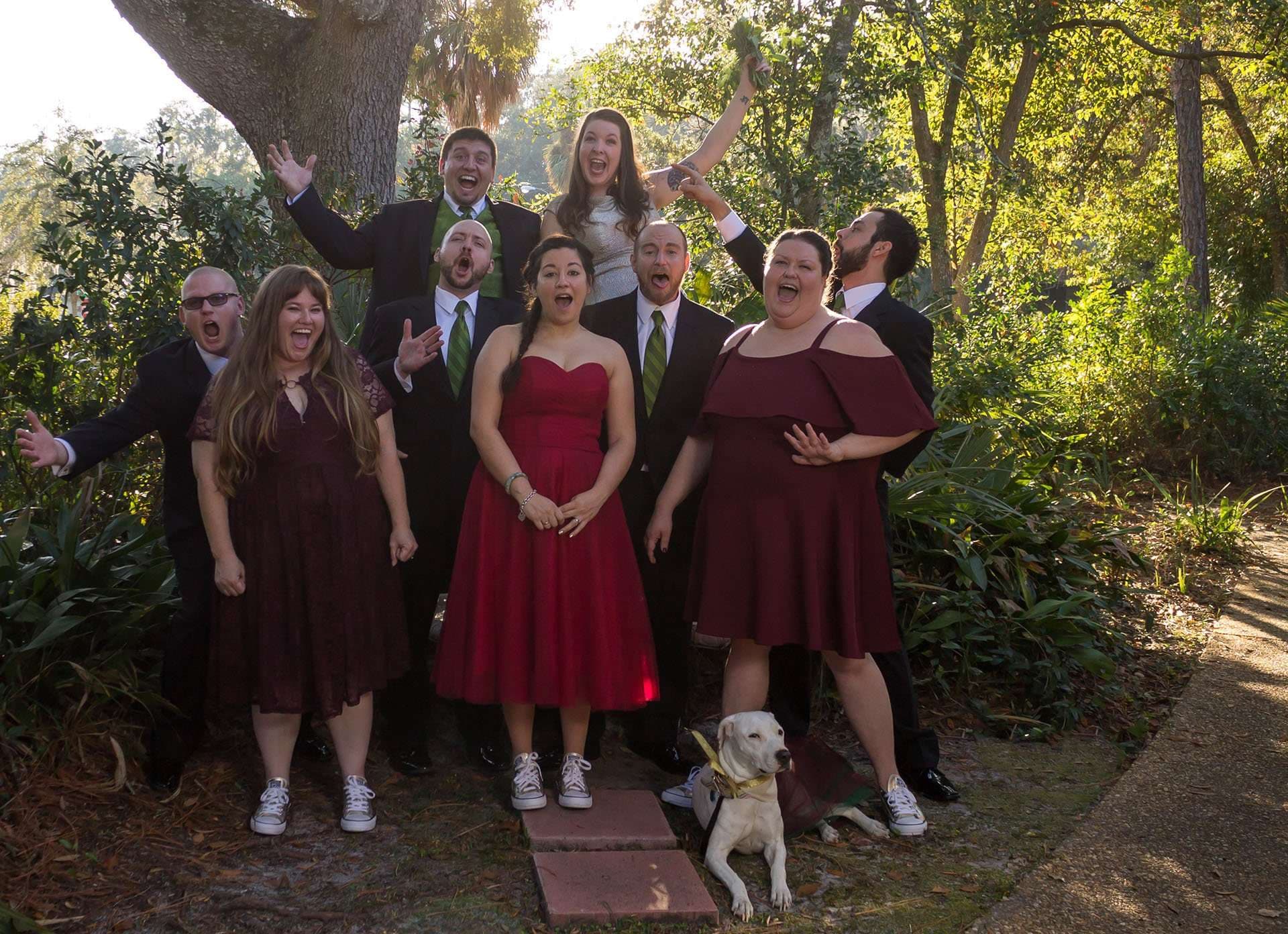 Wedding party in burgundy dresses and dark suits cheering and shouting in a garden, a white dog in front
