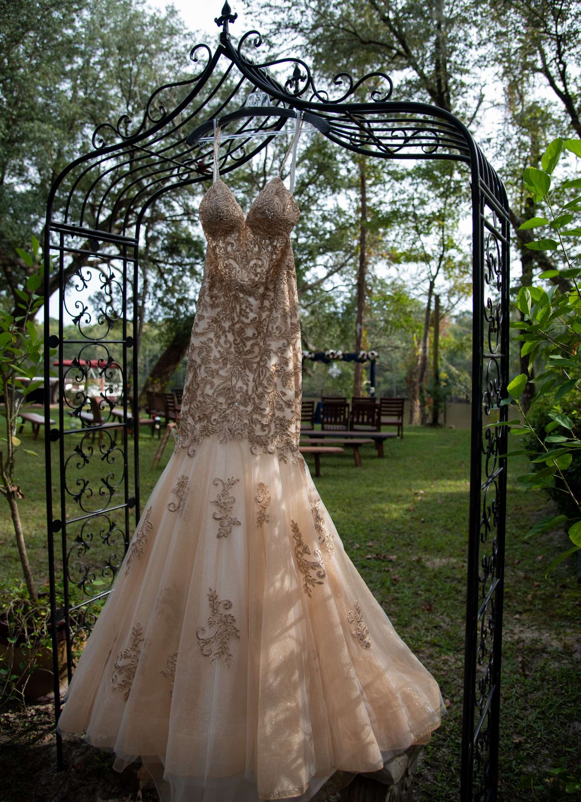 Champagne lace mermaid wedding gown with beaded straps hanging from an ornate black iron arch in a shaded garden